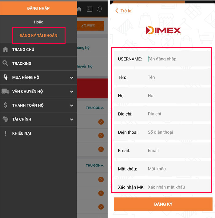 Đăng ký tài khoản order hàng Taobao trên App Dimex Logistics