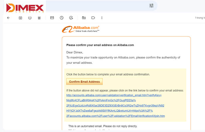Xác minh tài khoản Alibaba qua liên kết trong Mail
