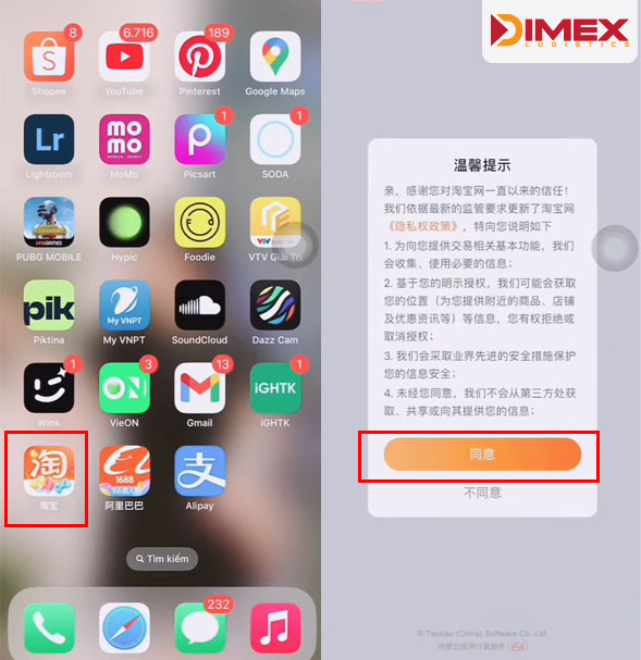 Chọn nút màu cam trên App Taobao