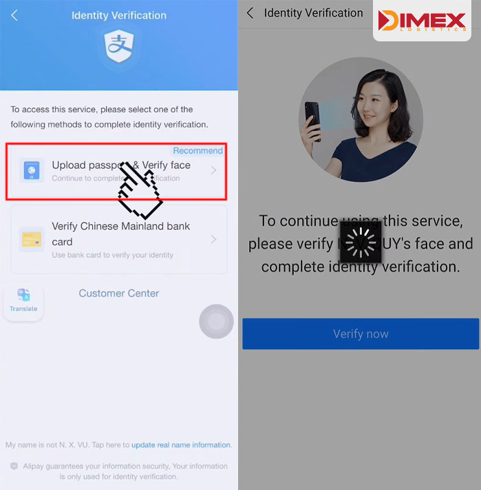 Verify khuôn mặt xác thực ví Alipay